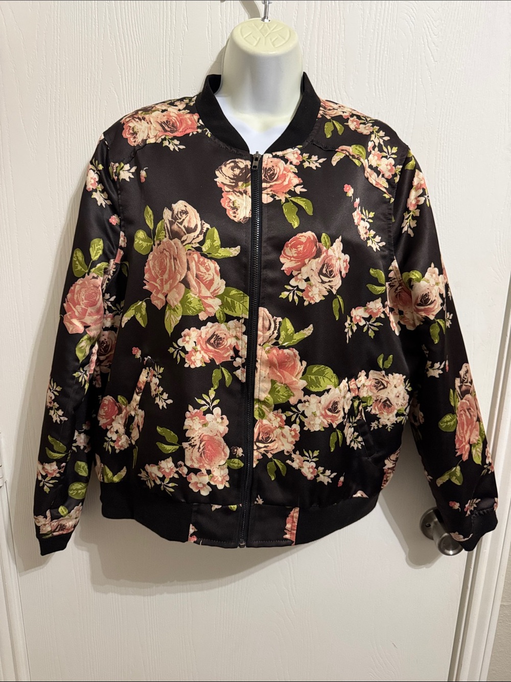 Bomber Jacket Lightweight Full Zip Pockets XL Vibrant Rose Floral Fall Cottage